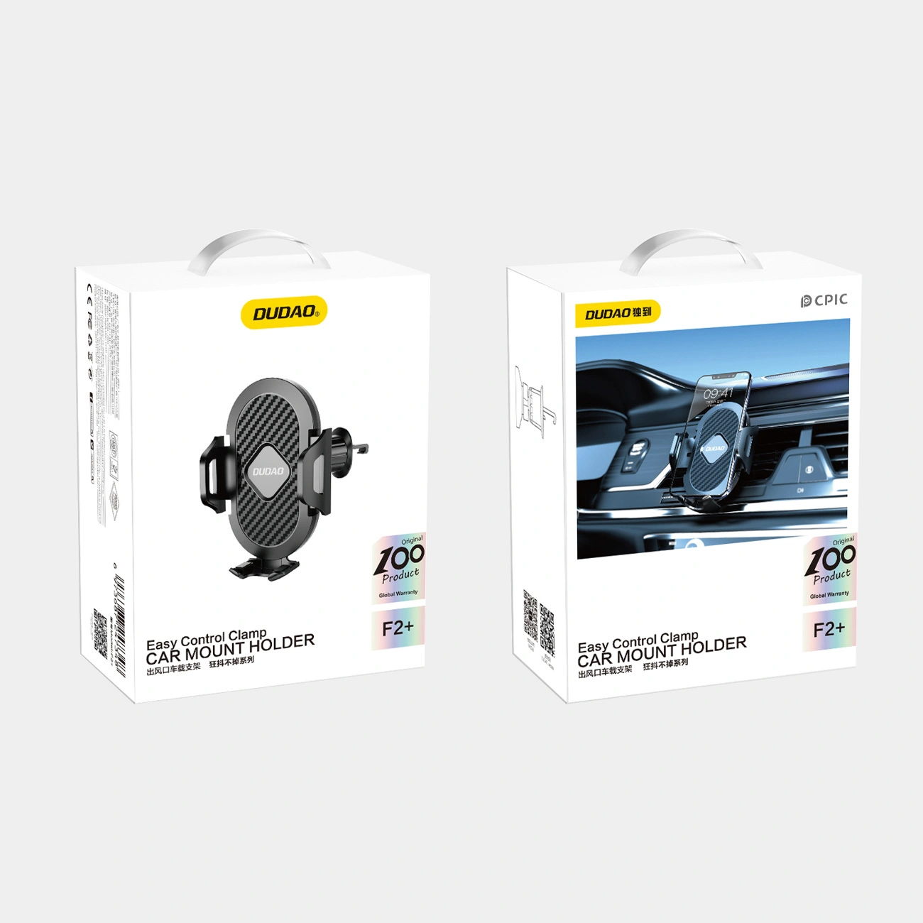 Dwa pudełka z uchwytem na smartfona marki Dudao, z widocznym logo \'DUDAO\' i napisem \'Easy Control Clamp Car Mount Holder F2+\'. Na jednym z pudełek znajduje się zdjęcie uchwytu zamontowanego w samochodzie.
