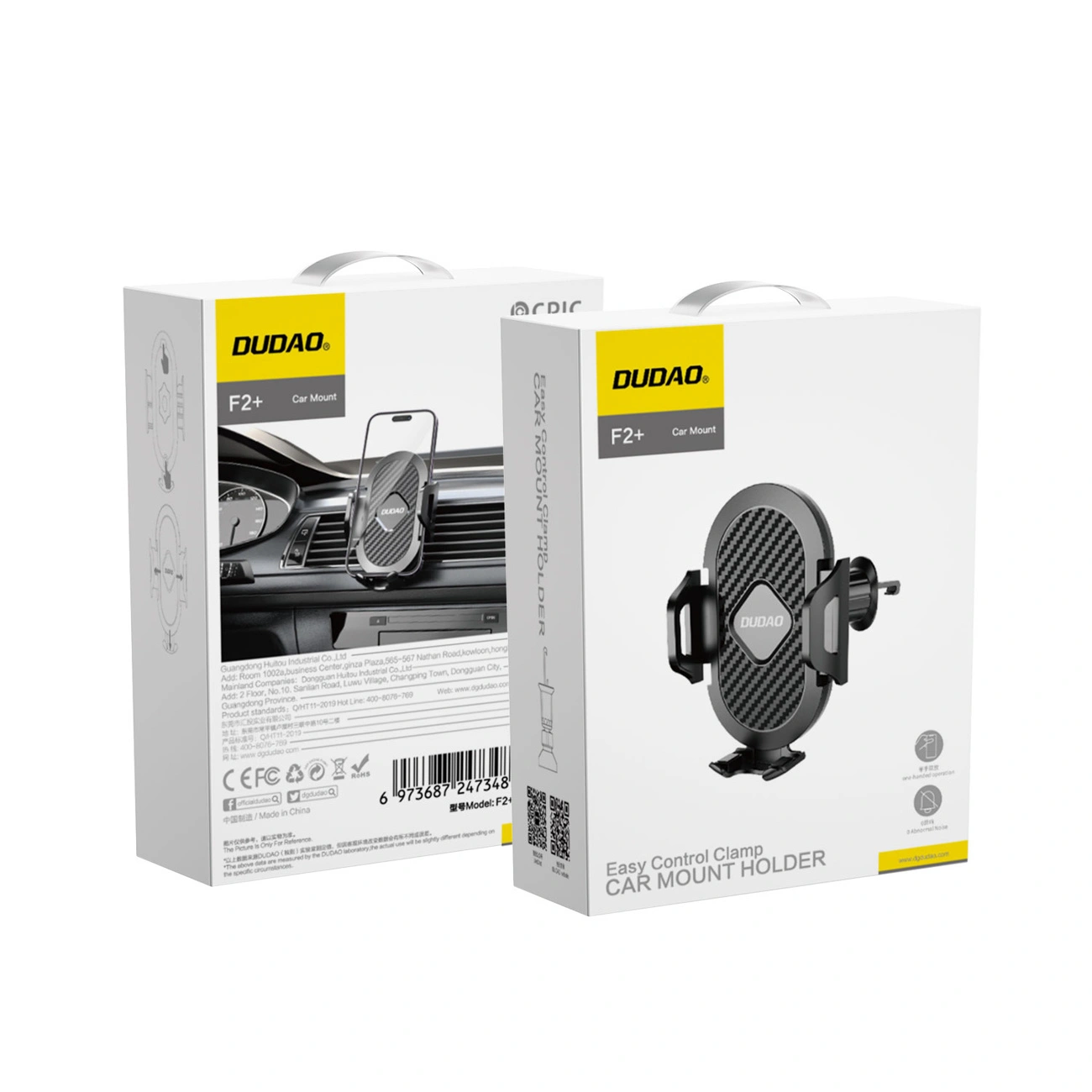 Na obrazie widoczne są dwa opakowania produktu z logo \'DUDAO\' i napisem \'F2+ Car Mount\'. Opakowania przedstawiają uchwyt na smartfona zamontowany na kratce nawiewu samochodowego.