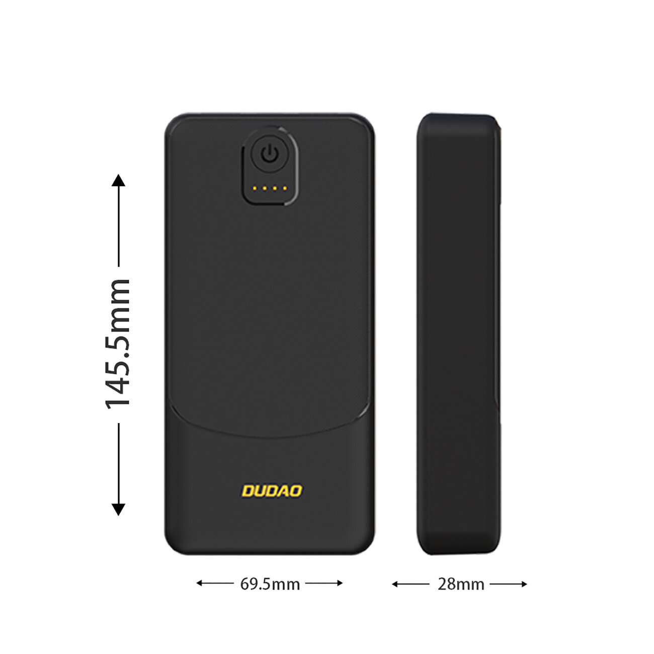 Czarny powerbank z logo \'DUDAO\', posiada dwa porty USB-A i przycisk zasilania z czterema wskaźnikami LED. Wymiary to 145.5mm wysokości, 69.5mm szerokości i 28mm grubości.