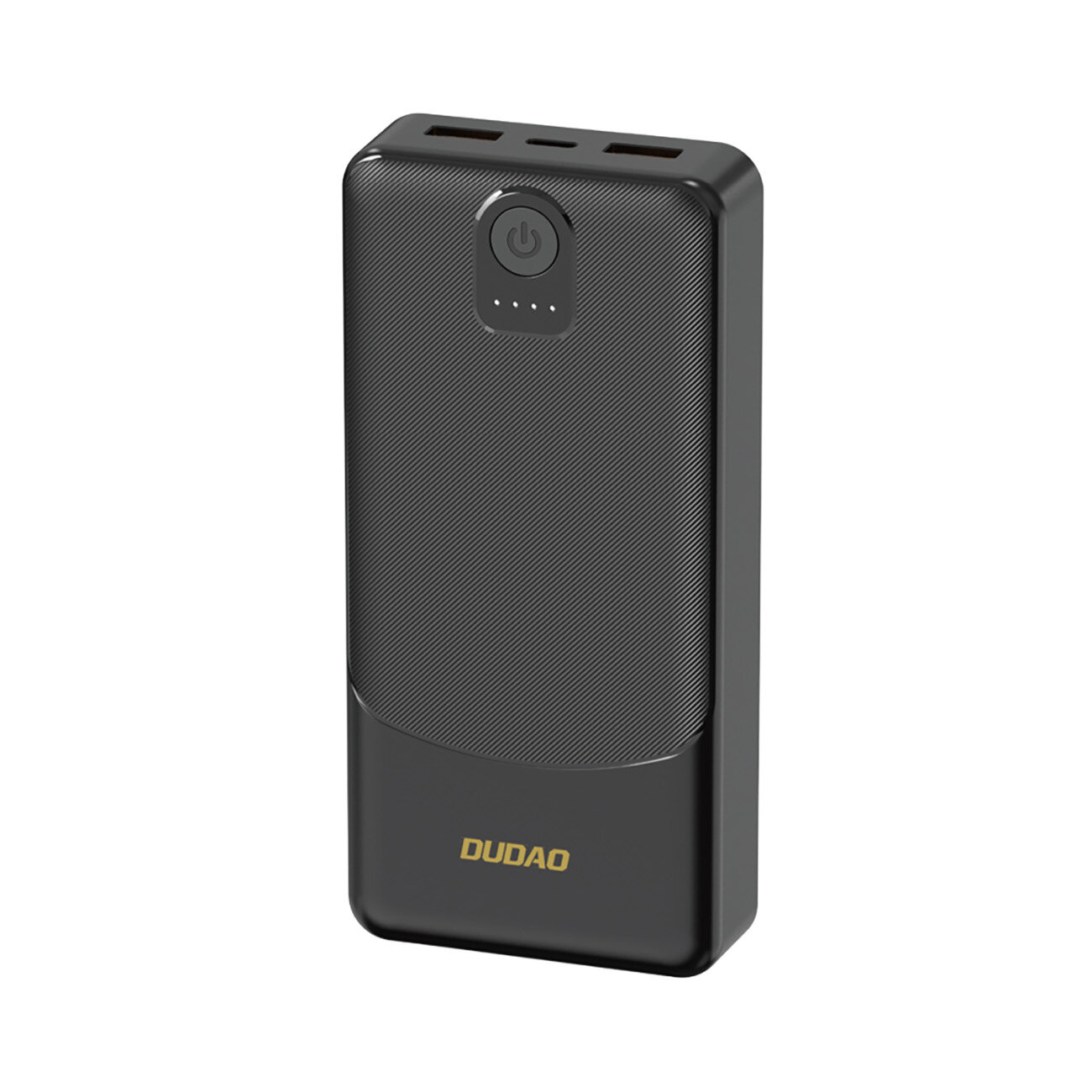 Czarny powerbank z dwoma portami USB-A na górze i przyciskiem zasilania z czterema diodami LED na przedniej stronie. Na dole widoczne jest logo \'DUDAO\'.