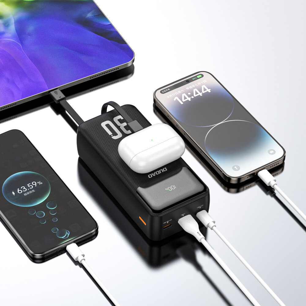 Na obrazie widoczny jest czarny powerbank z dużym napisem \'30\' oraz logo \'DUDAO\', do którego podłączone są trzy urządzenia za pomocą kabli USB. Na ekranie jednego z telefonów widoczny jest wskaźnik ładowania z napisem \'63.59%\'.
