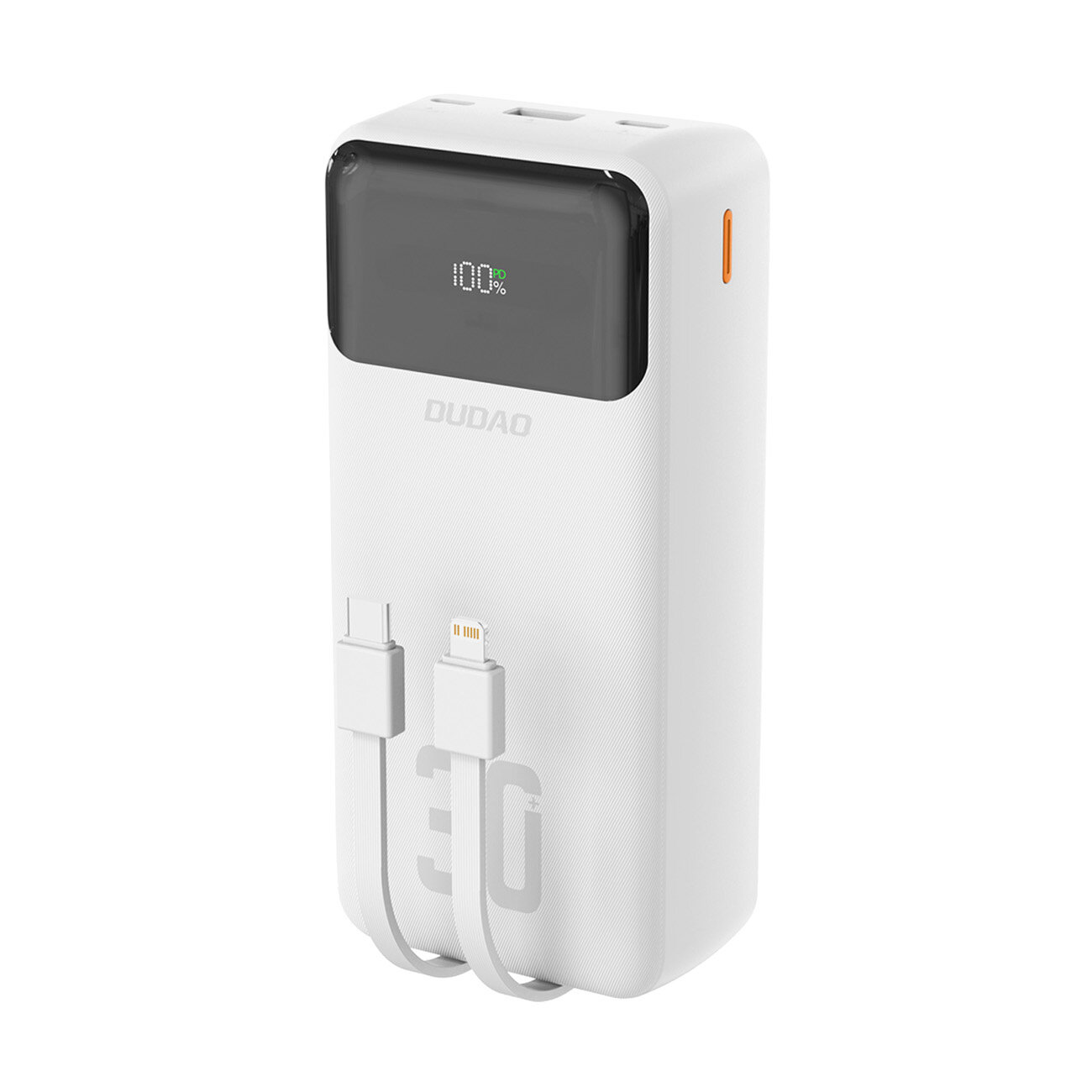 Biały powerbank z wyświetlaczem pokazującym 100% naładowania, posiada wbudowane kable USB-C i Lightning. Na obudowie widoczne jest logo \'DUDAO\' oraz liczba \'30\'.