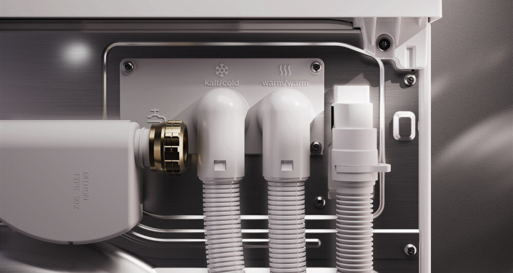 PRALKA MIELE WQ 1000 WPS zdjęcie lifestyle tył przyłącza wężyki podłączenia konstrukcja budowa Podłączenie do ciepłej wody dodatkowe przyłącze ekologia woda ze studni woda deszczowa oszczędność