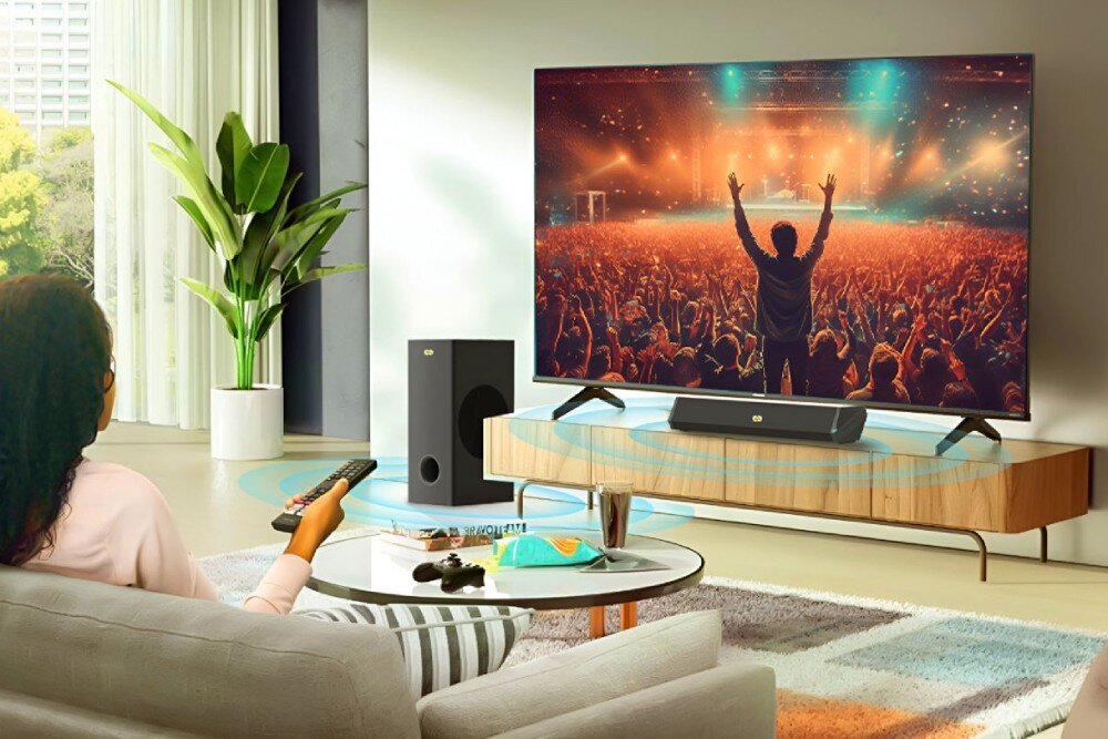 Osoba siedzi na kanapie w salonie, trzymając pilot, przed dużym telewizorem wyświetlającym koncert. Na szafce pod telewizorem znajduje się soundbar i subwoofer, a obok stoi roślina w doniczce.