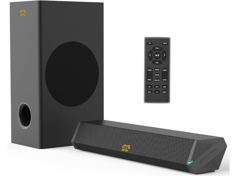Na obrazie widoczny jest czarny soundbar z logo \'M\' oraz subwoofer z okrągłym otworem. Obok znajduje się czarny pilot z przyciskami, w tym \'MUTE\', \'VOL+\', \'VOL-\', \'TREBLE\', \'BASS\', \'MODE\', \'USB\', \'RCA\'.