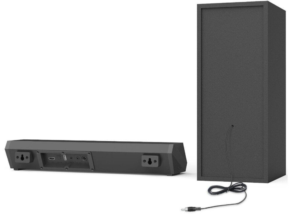 Na obrazie widoczny jest czarny soundbar oraz subwoofer. Soundbar posiada różne porty z tyłu, a subwoofer ma przewód z wtyczką.