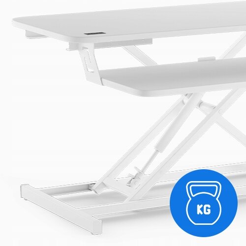Białe biurko konwerter biurowy z mechanizmem podnoszenia, obok niebieska ikona z symbolem ciężarka i napisem \'KG\'.