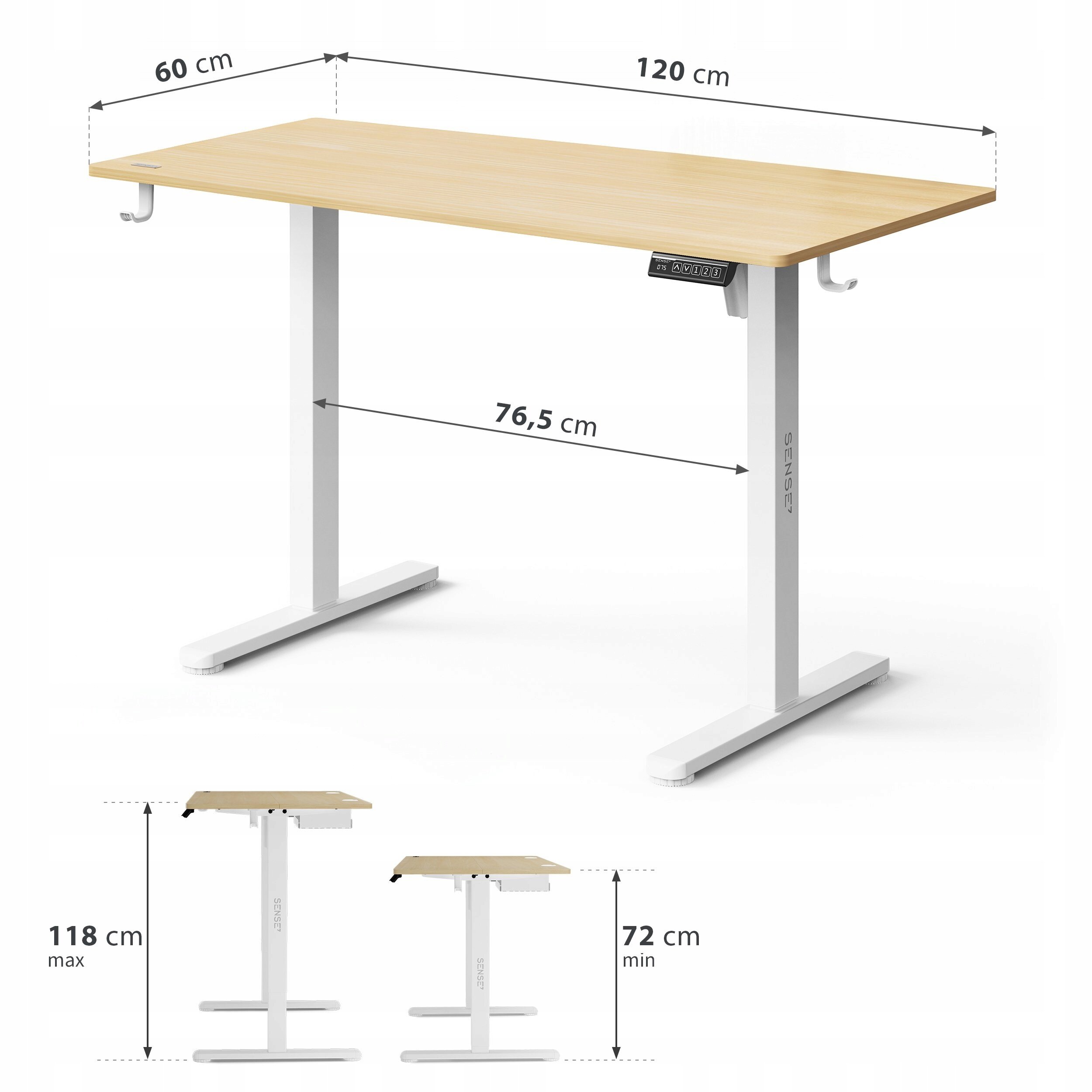 Biurko regulowane elektrycznie z blatem jasnobrązowym o wymiarach 120x60 cm i białymi nogami. Widoczne są wymiary: szerokość 76,5 cm, wysokość regulowana od 72 cm do 118 cm, oraz logo \'SENSE7\'.