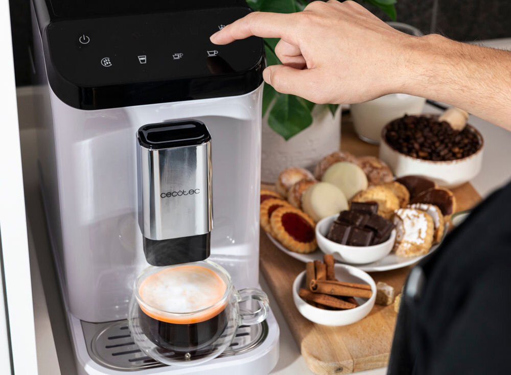 Ekspres CECOTEC Cremmaet Macchia Biały wbudowany system podgrzewania Thermoblock nagrzewanie w kilka sekund niezwykła wygoda przyspiesza proces nagrzewania odpowiednia temperatura wody optymalny smak 