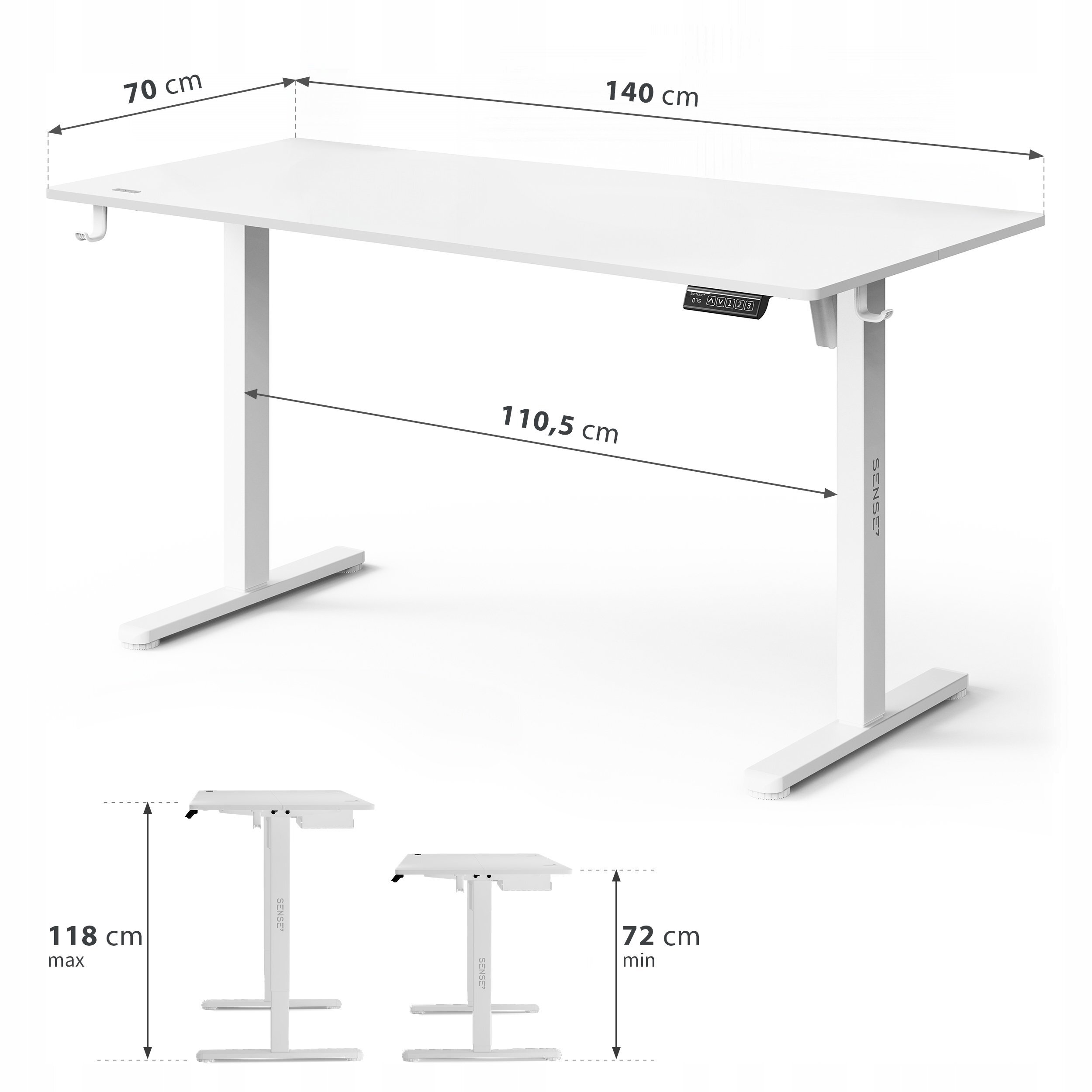 Białe biurko z regulacją wysokości, o wymiarach 140x70 cm, z możliwością regulacji wysokości od 72 cm do 118 cm. Na biurku widoczne są oznaczenia wymiarów oraz logo \'SENSE7\'.