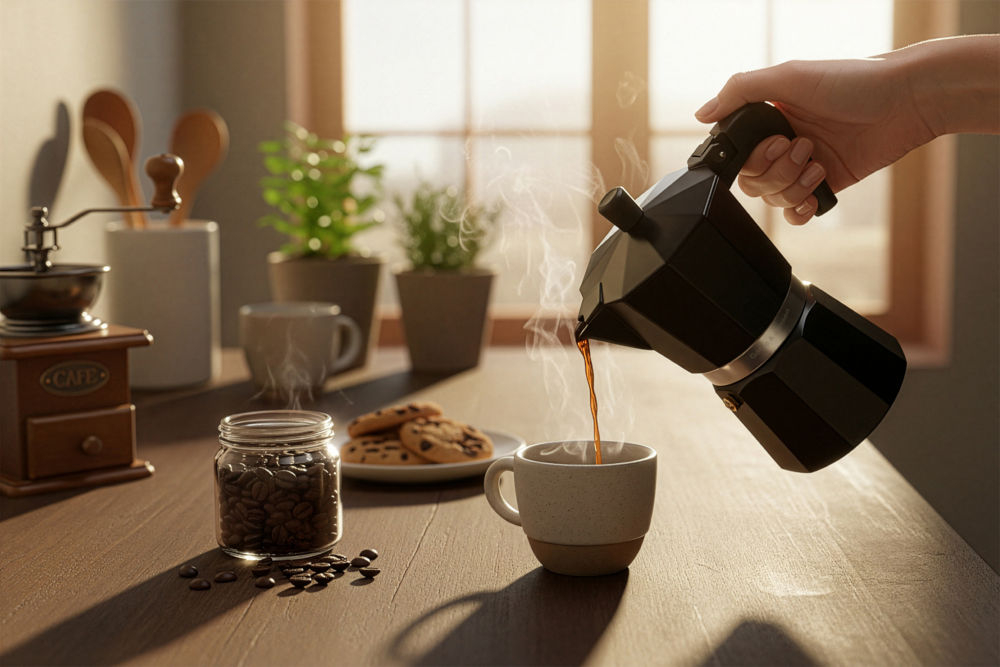 Kawiarka GÖTZE & JENSEN CA310 Czarna kawiarka aluminiowa Götze & Jensen nalewająca świeżą kawę do filiżanki na drewnianym blacie w promieniach słońca.