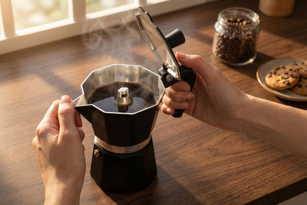 Kawiarka GÖTZE & JENSEN CA310 Otwarta kawiarka Götze & Jensen wypełniona zaparzoną kawą, trzymana oburącz nad blatem kuchennym.