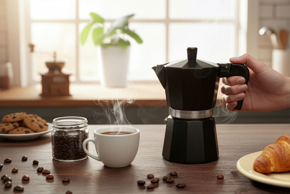 Kawiarka GÖTZE & JENSEN CA310 Czarna Klasyczna czarna kawiarka Götze & Jensen CA310 stojąca obok parującej filiżanki kawy i ciastek w jasnej kuchni.