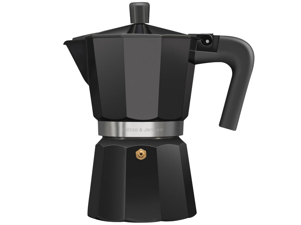 Kawiarka GÖTZE & JENSEN CA310 Czarna kawiarka Götze & Jensen CA310 na 6 filiżanek espresso – widok z boku na tle białym.