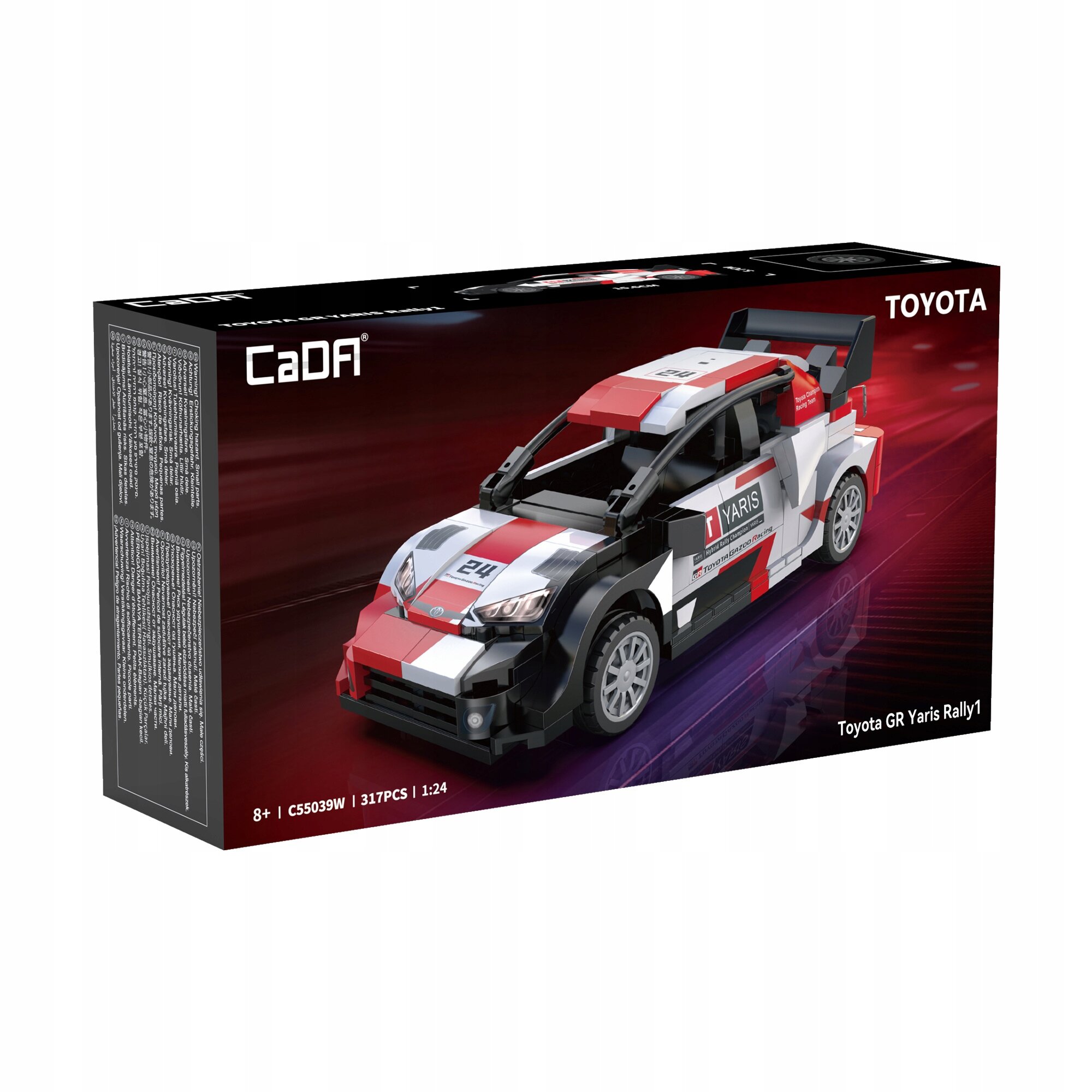 Opakowanie zestawu klocków CADA przedstawiające model samochodu wyścigowego Toyota GR Yaris Rally1. Na pudełku widoczne są napisy: \'CaDA\', \'TOYOTA\', \'Toyota GR Yaris Rally1\', \'8+\', \'C55039W\', \'317PCS\', \'1:24\'.
