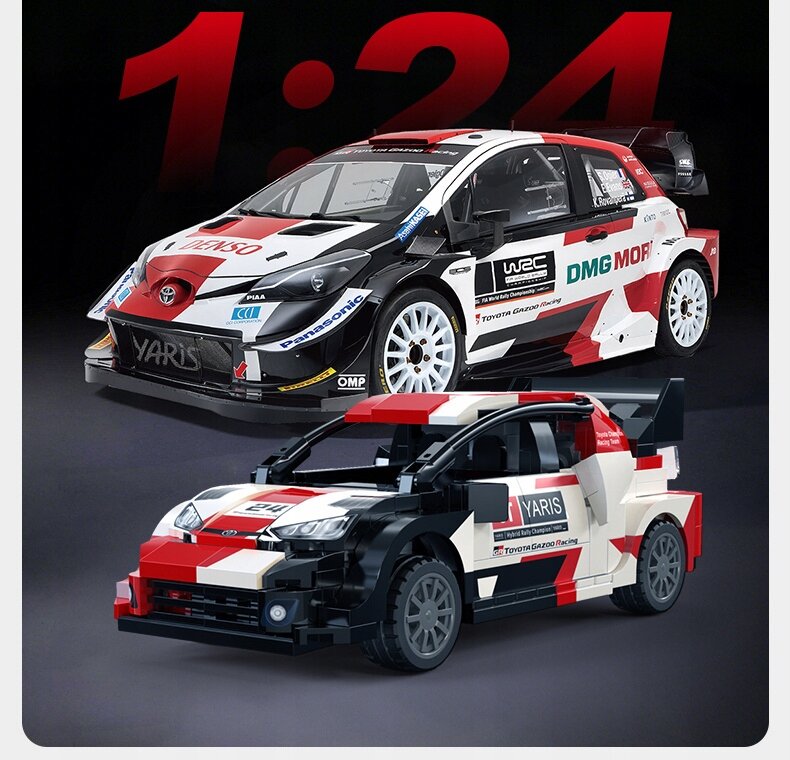 Na obrazie widoczne są dwa modele samochodów wyścigowych, jeden rzeczywisty i jeden z klocków, oba w kolorach czarno-biało-czerwonych z napisami \'YARIS\' i \'Toyota Gazoo Racing\'. W tle widoczny jest duży napis \'1:24\'.