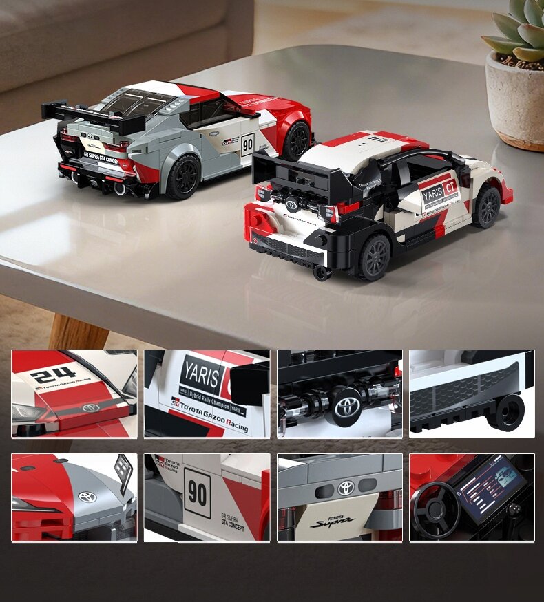 Na stole znajdują się dwa modele samochodów wyścigowych z klocków, w kolorach czerwonym, białym i czarnym, z widocznymi napisami \'YARIS\' i \'TOYOTA GAZOO Racing\'. W dolnej części obrazu widoczne są zbliżenia na detale samochodów, takie jak logo Toyota, numer \'90\', oraz napisy \'Toyota Supra\' i \'GR Supra GT4 Concept\'.
