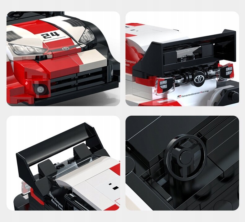 Zestaw klocków przedstawia szczegóły modelu samochodu wyścigowego z numerem 24 na masce i logo Toyota Gazoo Racing z tyłu. Widoczne są elementy takie jak przedni zderzak, tylne skrzydło oraz kierownica.