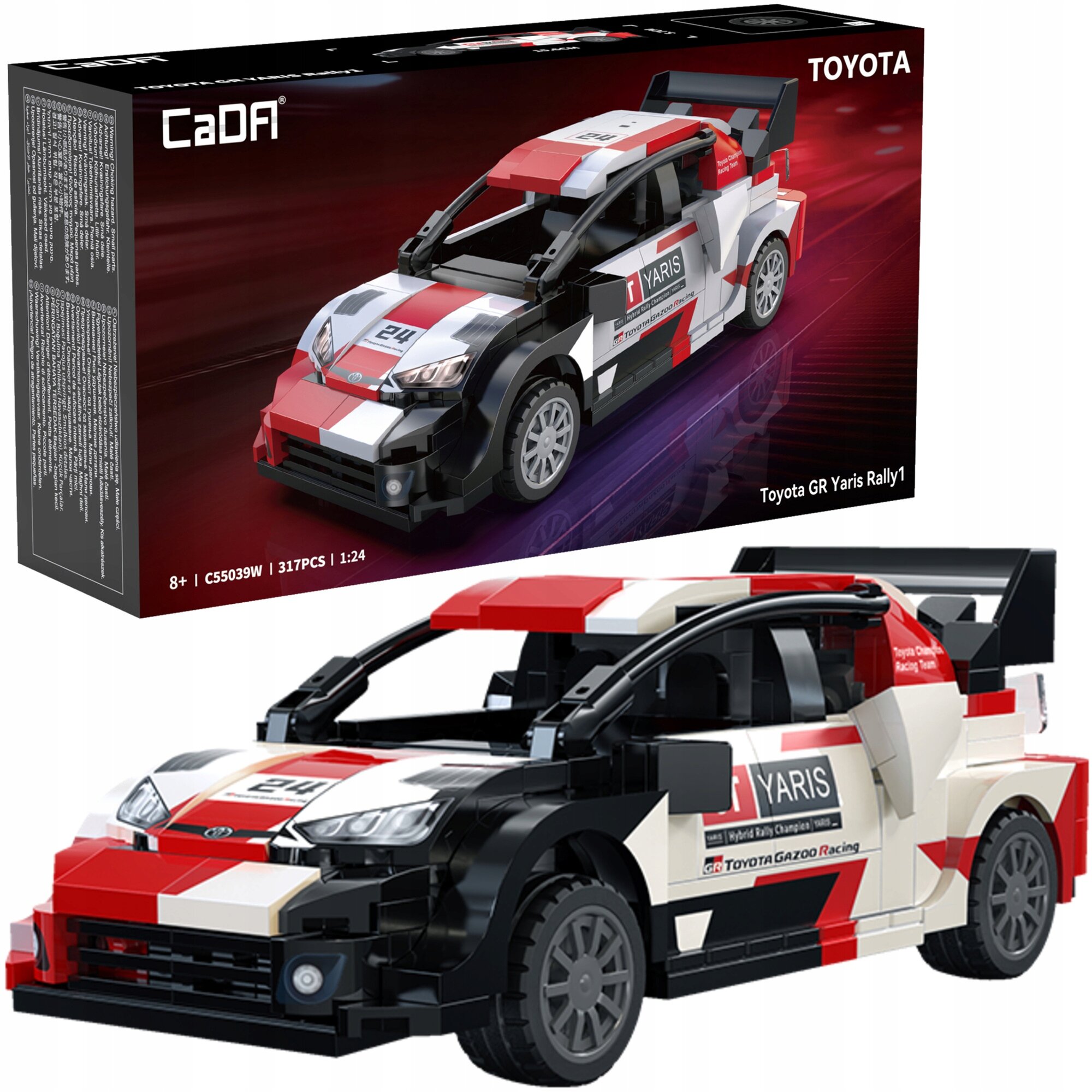 Na obrazie widoczny jest zestaw klocków do zbudowania modelu samochodu wyścigowego Toyota GR Yaris Rally1, składający się z 317 elementów. Opakowanie zawiera logo \'CaDA\' oraz napis \'Toyota\'.