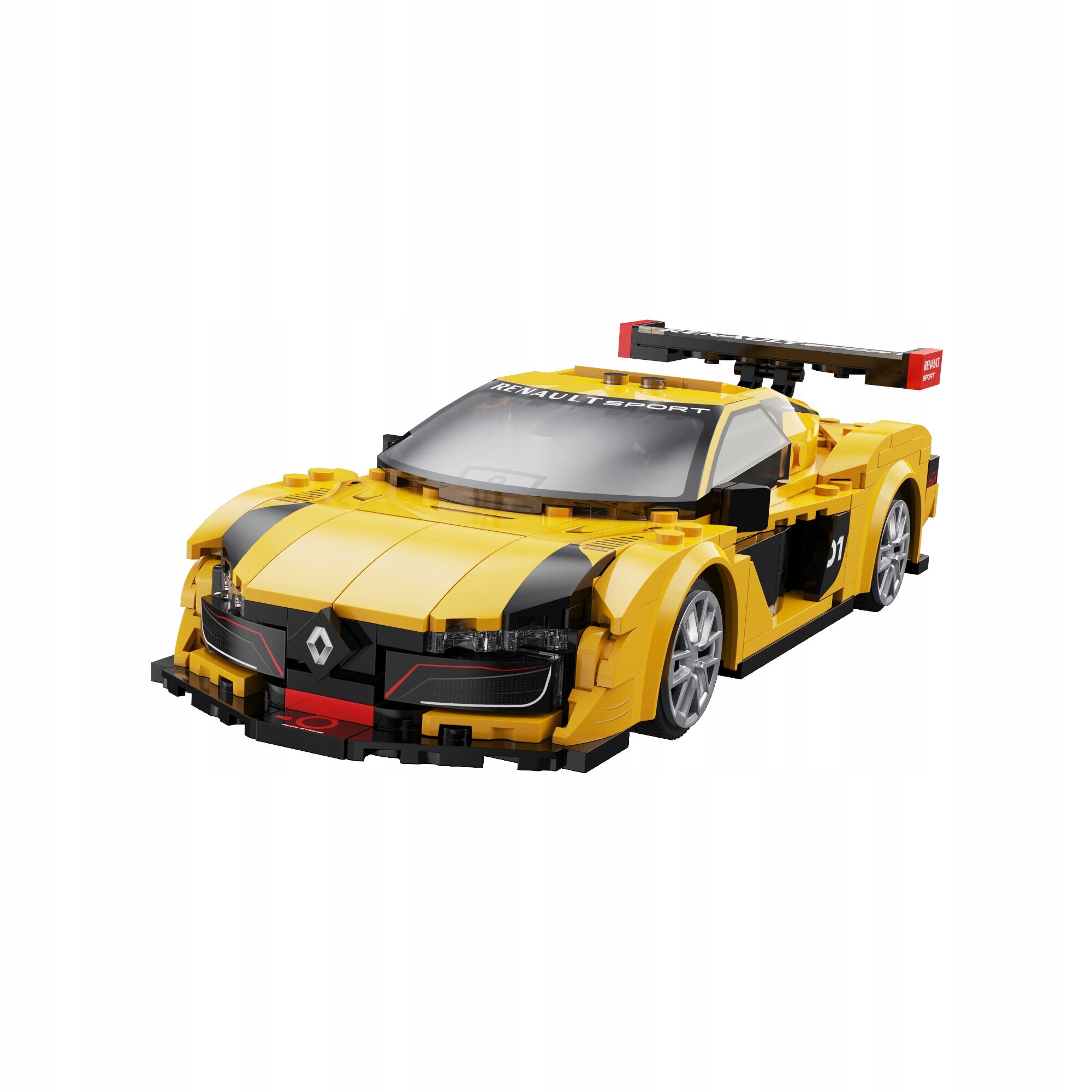 Model samochodu sportowego z klocków w kolorze żółtym z czarnymi i czerwonymi detalami, z widocznym logo Renault na przodzie. Na przedniej szybie znajduje się napis \'RENAULT SPORT\'.