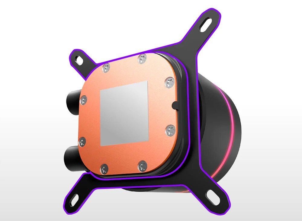 Chłodzenie wodne NZXT Kraken Core 360 RGB Spód bloku wodnego wykonany z miedzianej płyty z naniesionym fabrycznie kwadratem szarej pasty termoprzewodzącej
