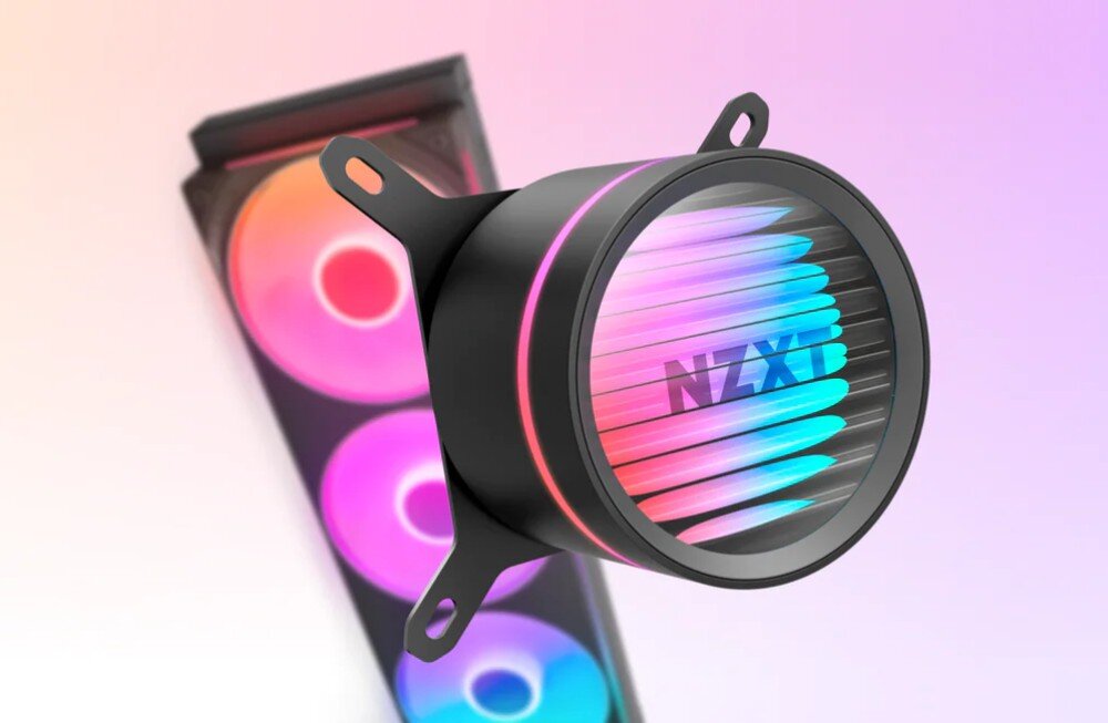 Chłodzenie wodne NZXT Kraken Core 360 RGB Zbliżenie na okrągły element chłodzenia z logotypem na tle kolorowych wentylatorów i rurek w oplocie