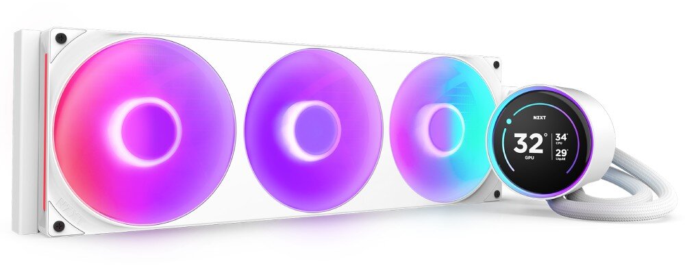 Chłodzenie wodne NZXT Kraken Elite 420 RGB System chłodzenia cieczą składający się z podłużnej chłodnicy z trzema dużymi wentylatorami podświetlonymi na fioletowo i niebiesko oraz okrągłego bloku z ekranem, który jest połączony z chłodnicą dwoma wężami w oplocie