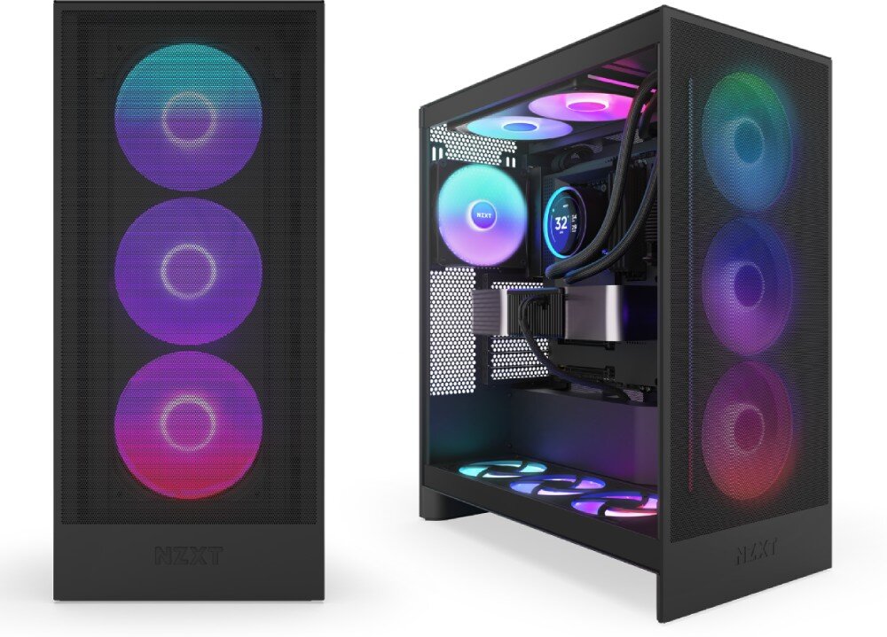 Chłodzenie wodne NZXT Kraken Elite 420 RGB Dwa ujęcia obudowy komputerowej: z lewej strony widok przez przedni panel z siatki na trzy podświetlone wentylatory, z prawej strony widok z perspektywy ukazujący przeszklone wnętrze z zamontowanym chłodzeniem wodnym i kartą graficzną