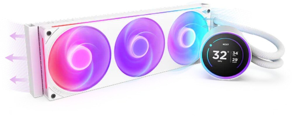 Chłodzenie wodne NZXT Kraken Elite 420 RGB Grafika przedstawiająca system chłodzenia cieczą z zaznaczonym przepływem powietrza w formie błękitnych i fioletowych strzałek przechodzących przez wentylatory i chłodnicę