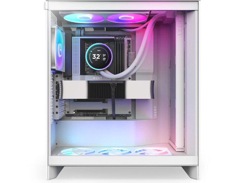 Chłodzenie wodne NZXT Kraken Elite 420 RGB Widok z boku na wnętrze komputera przez przezroczystą szybę, gdzie centralne miejsce zajmuje okrągły ekran chłodzenia, a wokół znajdują się podświetlone komponenty, wentylatory oraz poziomo zamontowana karta graficzna
