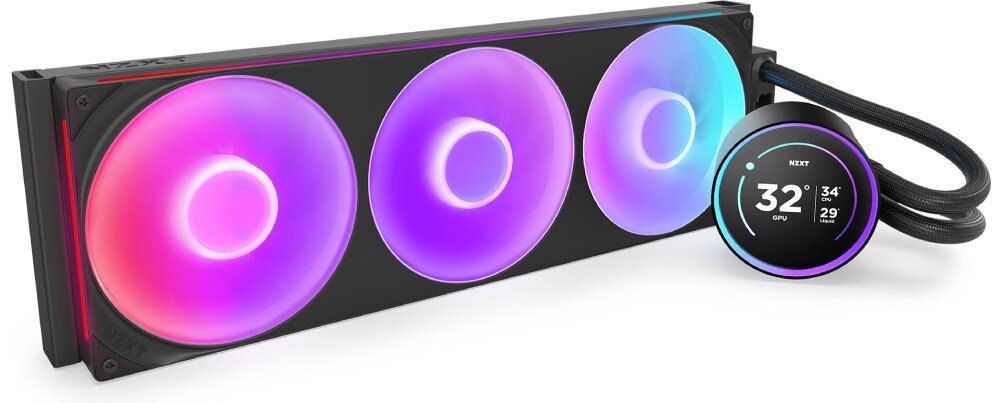 Chłodzenie wodne NZXT Kraken Elite 420 RGB System chłodzenia cieczą składający się z podłużnej czarnej chłodnicy z trzema dużymi wentylatorami podświetlonymi na fioletowo i niebiesko oraz okrągłego bloku z ekranem, który jest połączony z chłodnicą dwoma czarnymi wężami w oplocie