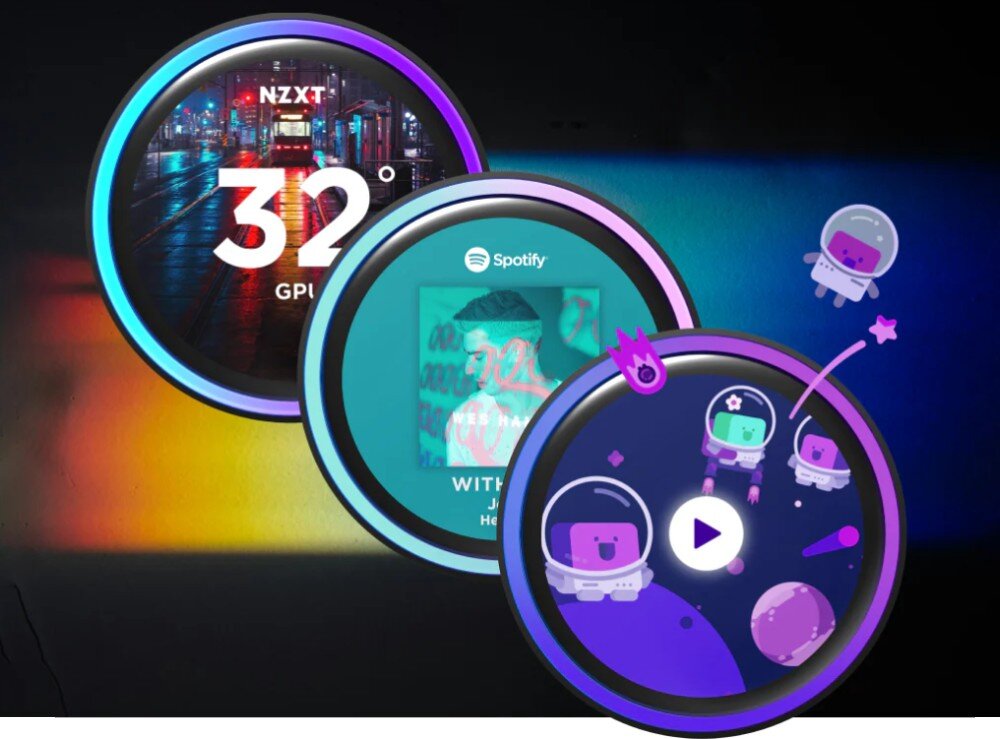 Chłodzenie wodne NZXT Kraken Elite 420 RGB Trzy okrągłe wyświetlacze ułożone kaskadowo, prezentujące różne funkcje ekranu: pierwszy pokazuje temperaturę na tle nocnego miasta, drugi okładkę albumu z aplikacji muzycznej, a trzeci fioletową grafikę z motywem kosmicznym i przyciskiem odtwarzania
