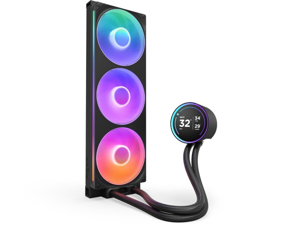 Chłodzenie wodne NZXT Kraken Elite 420 RGB Chłodzenie wodne ustawione pionowo, prezentujące długą chłodnicę z trzema kolorowymi wentylatorami oraz połączony z nią wężami okrągły moduł z wyświetlaczem pokazującym statystyki pracy komputera