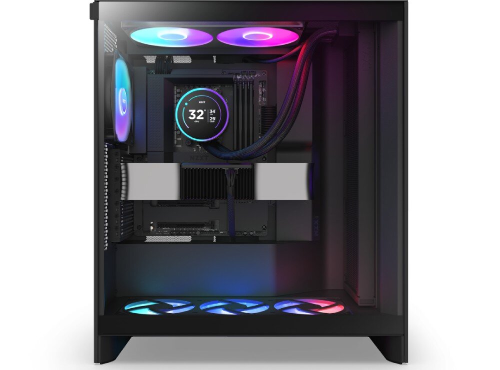 Chłodzenie wodne NZXT Kraken Elite 420 RGB Widok z boku na wnętrze komputera przez przezroczystą szybę, gdzie centralne miejsce zajmuje okrągły ekran chłodzenia, a wokół znajdują się podświetlone komponenty, wentylatory oraz poziomo zamontowana karta graficzna