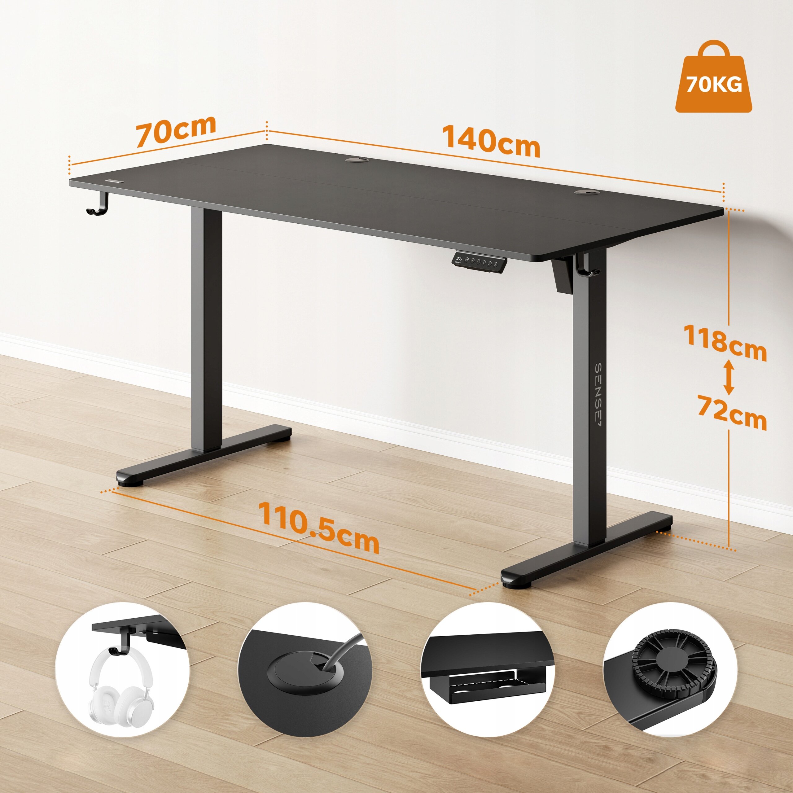 Biurko gamingowe o wymiarach 140x70 cm z regulacją wysokości od 72 do 118 cm, z maksymalnym obciążeniem 70 kg. Widoczne są dodatkowe elementy, takie jak uchwyt na słuchawki, otwór na kable, panel sterowania i wentylator.