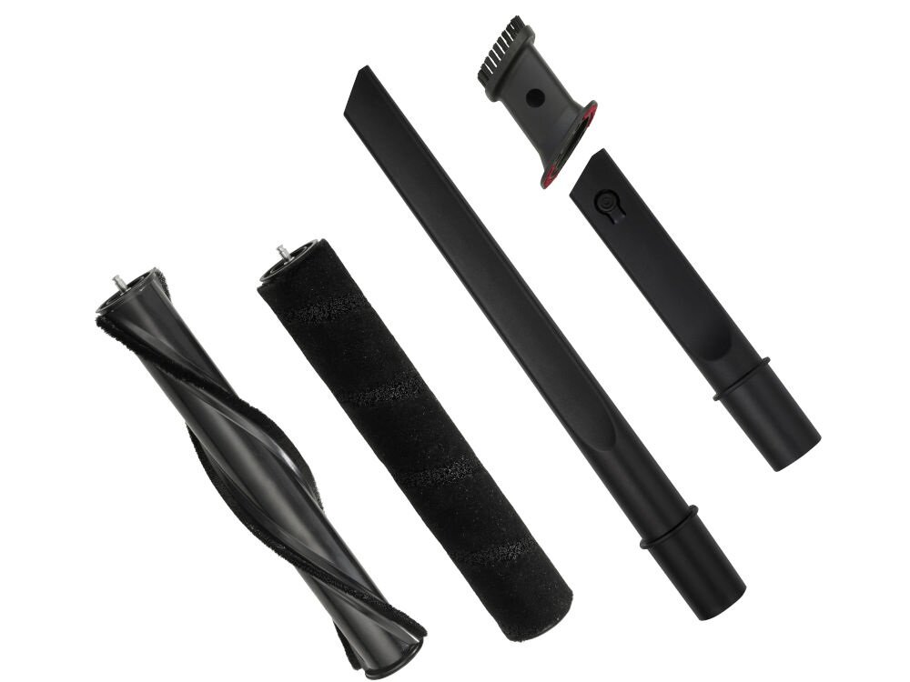 Na obrazie widoczne są cztery różne akcesoria do odkurzacza w kolorze czarnym, w tym szczotka i dwie różne końcówki ssące. Akcesoria mają różne kształty i długości, przeznaczone do różnych zastosowań.