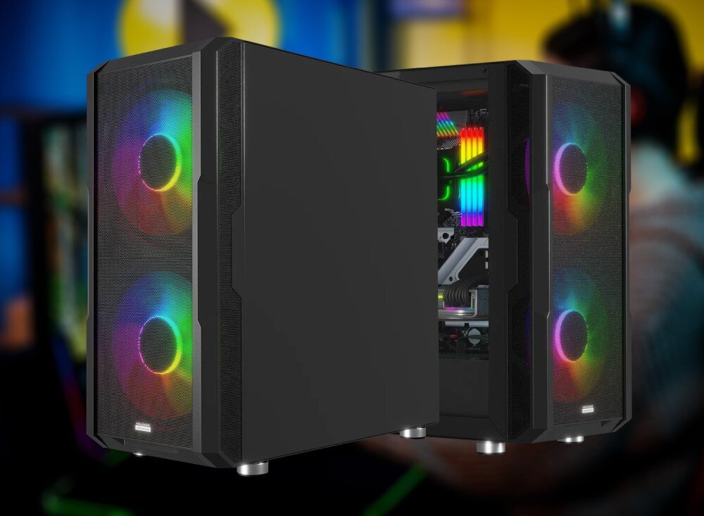 Obraz przedstawia komputer stacjonarny z otwartą obudową, w której widoczne są podzespoły i podświetlenie RGB. Na przednim panelu znajdują się dwa wentylatory z kolorowym podświetleniem.