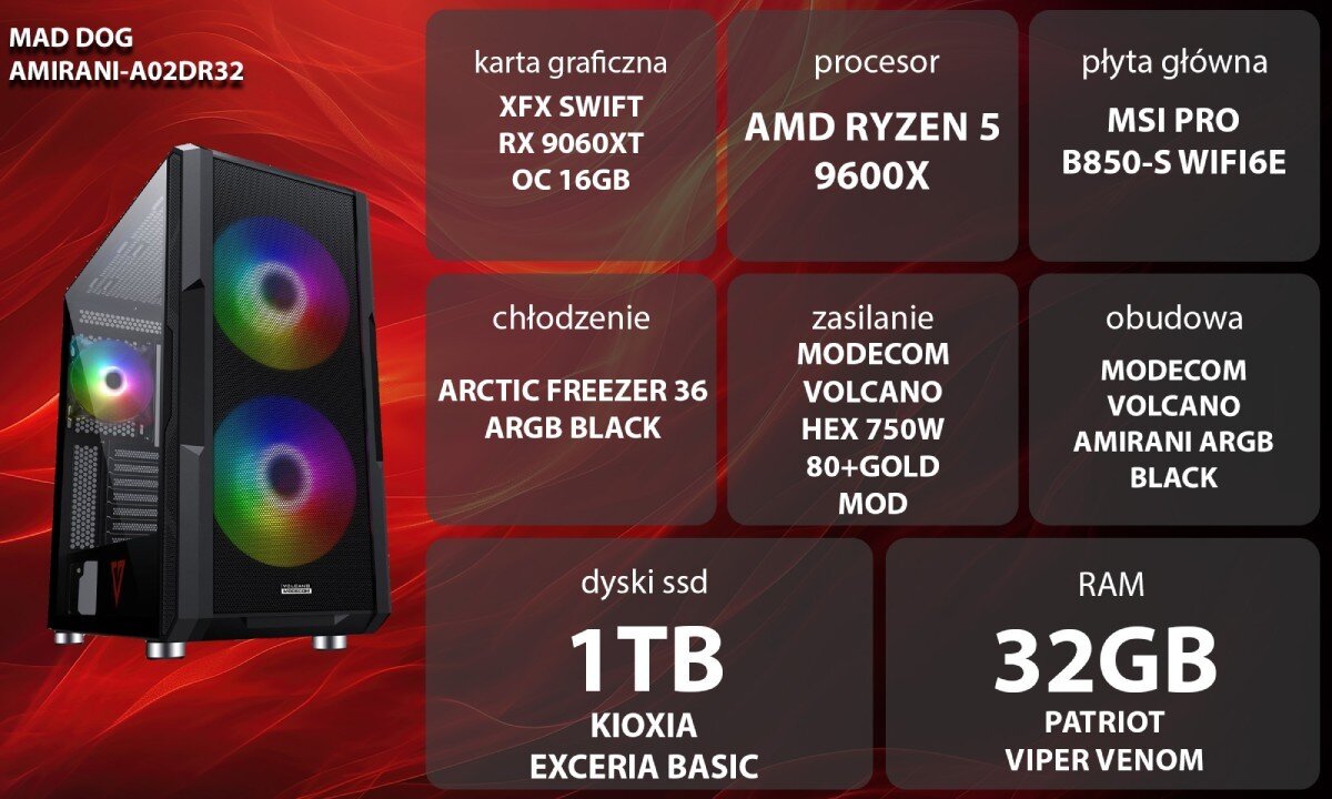 Komputer MAD DOG AMIRANI-A02DR32 Kobieta w słuchawkach siedząca przy biurku i grająca na komputerze z podświetlaną klawiaturą i monitorem, opis