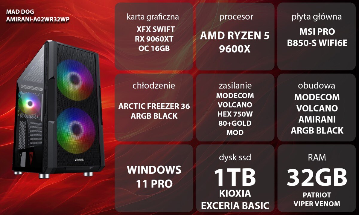 Komputer MAD DOG AMIRANI-A02WR32WP Kobieta w słuchawkach siedząca przy biurku i grająca na komputerze z podświetlaną klawiaturą i monitorem, opis