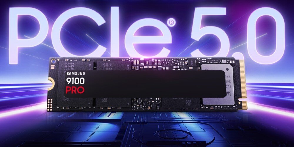 Na obrazie widoczny jest dysk SSD z napisem \'Samsung 9100 PRO\' na tle z dużym napisem \'PCIe 5.0\'.