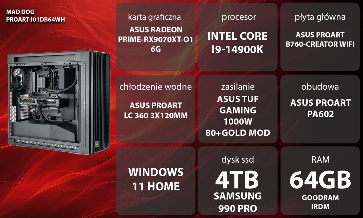 Obraz przedstawia komputer stacjonarny z przezroczystym panelem bocznym, przez który widać wnętrze z komponentami. Na obudowie widoczne jest logo \'ProArt\'.