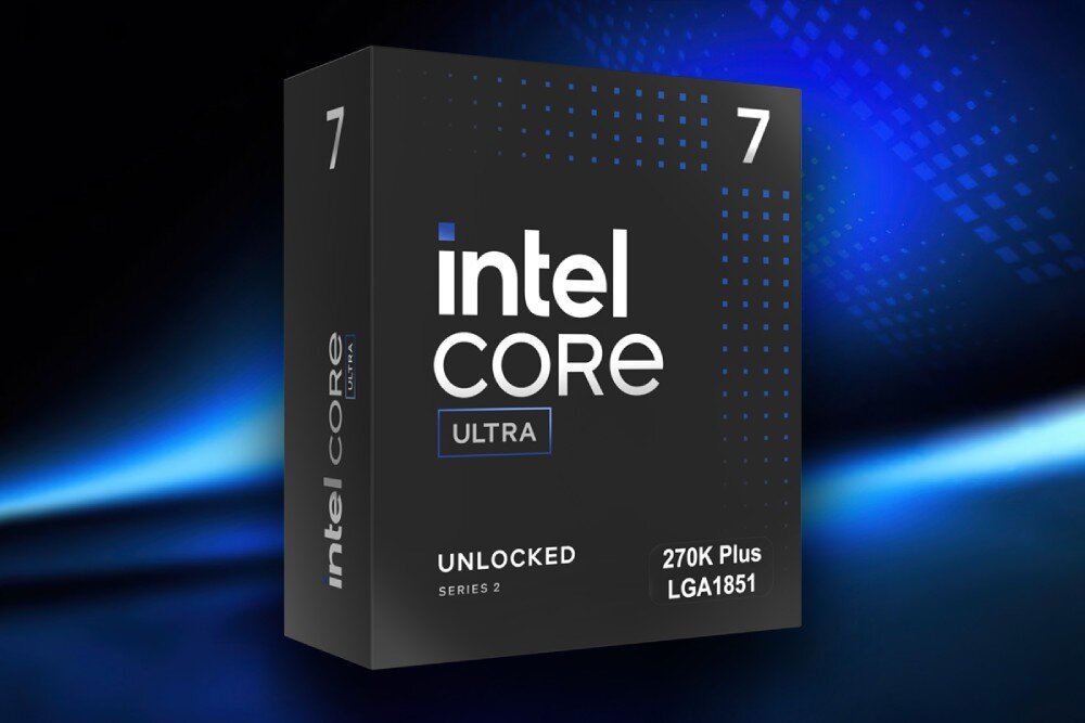 Opakowanie procesora z napisem \'intel CORE ULTRA\'. Widoczne są również napisy \'UNLOCKED SERIES 2\', \'270K Plus\', \'LGA1851\' oraz liczba \'7\'.
