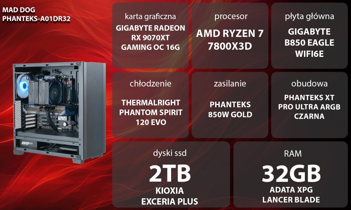 Komputer MAD DOG PHANTEKS-A01DR32 Uśmiechnięta kobieta w brązowym swetrze i słuchawkach siedzi przy biurku przed monitorem komputera, trzymając dłonie na podświetlanej klawiaturze i myszce w ciemnym pokoju z kolorowym oświetleniem gamingowym