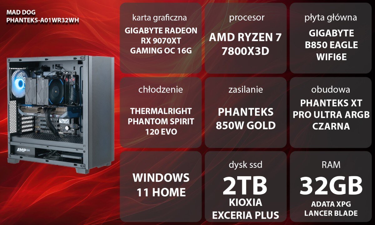 Komputer MAD DOG PHANTEKS-A01WR32WH Uśmiechnięta kobieta w brązowym swetrze i słuchawkach siedzi przy biurku przed monitorem komputera, trzymając dłonie na podświetlanej klawiaturze i myszce w ciemnym pokoju z kolorowym oświetleniem gamingowym