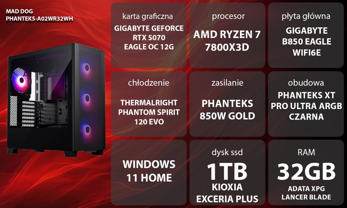 Komputer MAD DOG PHANTEKS-A02WR32WH Uśmiechnięta kobieta w brązowym swetrze i słuchawkach siedzi przy biurku przed monitorem komputera, trzymając dłonie na podświetlanej klawiaturze i myszce w ciemnym pokoju z kolorowym oświetleniem gamingowym