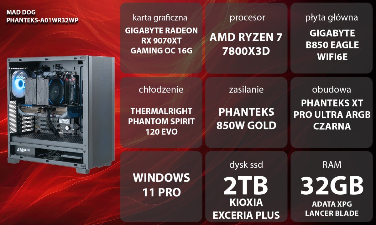 Komputer MAD DOG PHANTEKS-A01WR32WP Uśmiechnięta kobieta w brązowym swetrze i słuchawkach siedzi przy biurku przed monitorem komputera, trzymając dłonie na podświetlanej klawiaturze i myszce w ciemnym pokoju z kolorowym oświetleniem gamingowym