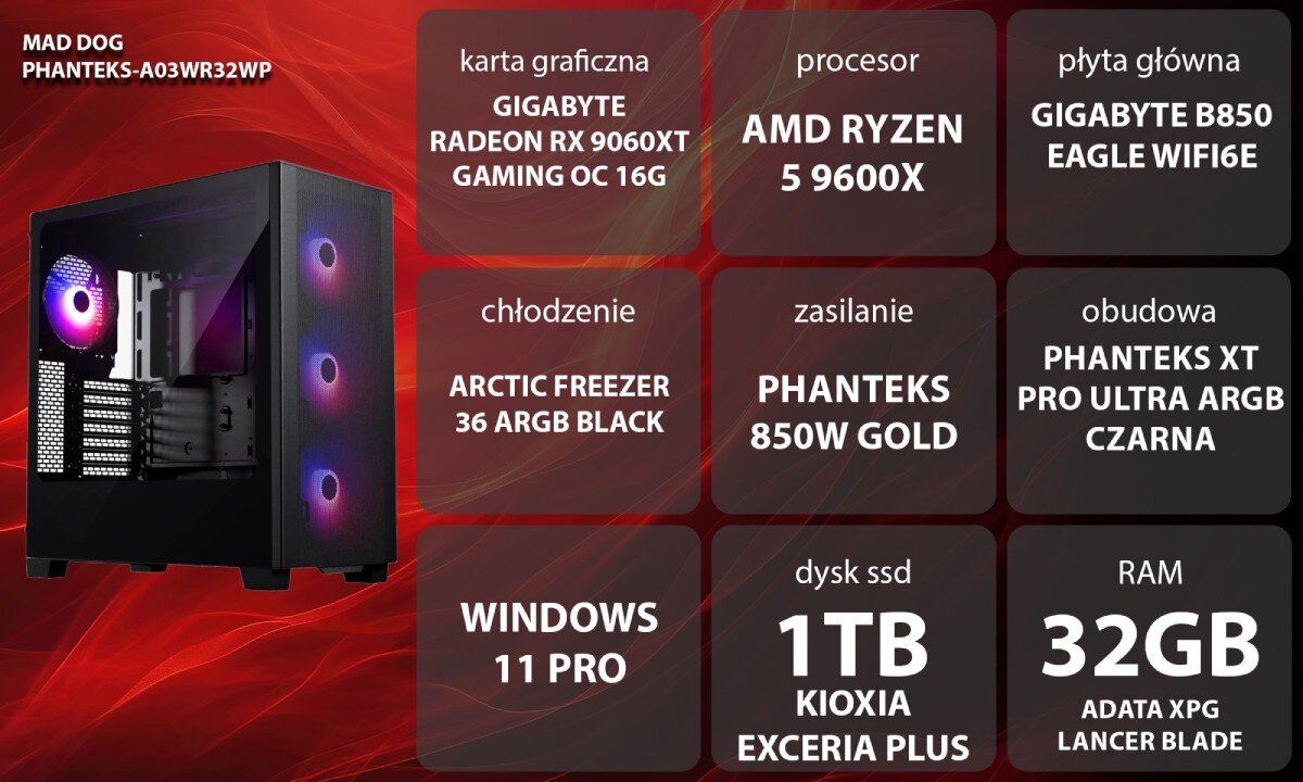 Komputer MAD DOG PHANTEKS-A03WR32WP Uśmiechnięta kobieta w brązowym swetrze i słuchawkach siedzi przy biurku przed monitorem komputera, trzymając dłonie na podświetlanej klawiaturze i myszce w ciemnym pokoju z kolorowym oświetleniem gamingowym