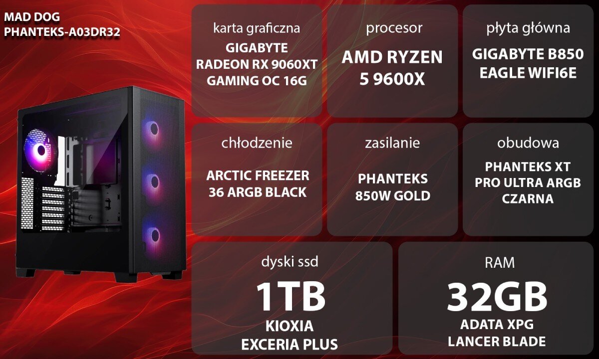 Komputer MAD DOG PHANTEKS-A03DR32 Uśmiechnięta kobieta w brązowym swetrze i słuchawkach siedzi przy biurku przed monitorem komputera, trzymając dłonie na podświetlanej klawiaturze i myszce w ciemnym pokoju z kolorowym oświetleniem gamingowym