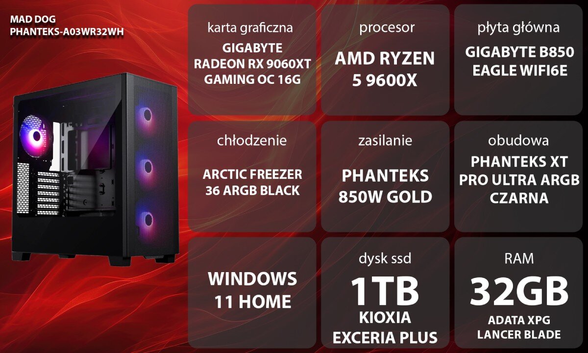 Komputer MAD DOG PHANTEKS-A03WR32WH Uśmiechnięta kobieta w brązowym swetrze i słuchawkach siedzi przy biurku przed monitorem komputera, trzymając dłonie na podświetlanej klawiaturze i myszce w ciemnym pokoju z kolorowym oświetleniem gamingowym