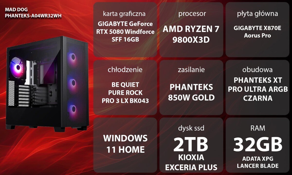 Komputer MAD DOG PHANTEKS-A04WR32WH Uśmiechnięta kobieta w brązowym swetrze i słuchawkach siedzi przy biurku przed monitorem komputera, trzymając dłonie na podświetlanej klawiaturze i myszce w ciemnym pokoju z kolorowym oświetleniem gamingowym